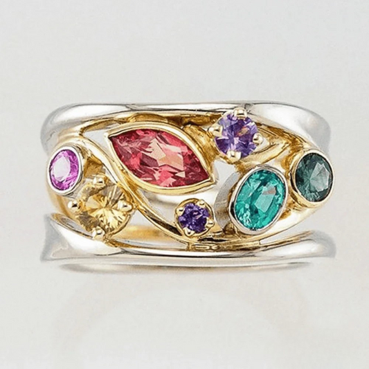 Bague vintage en or et argent avec des zirconias colorés