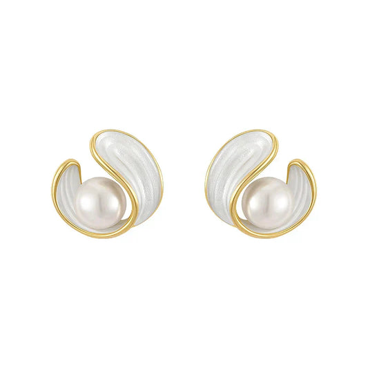 Boucles d'Oreilles en Opale Blanche avec Perles en Or