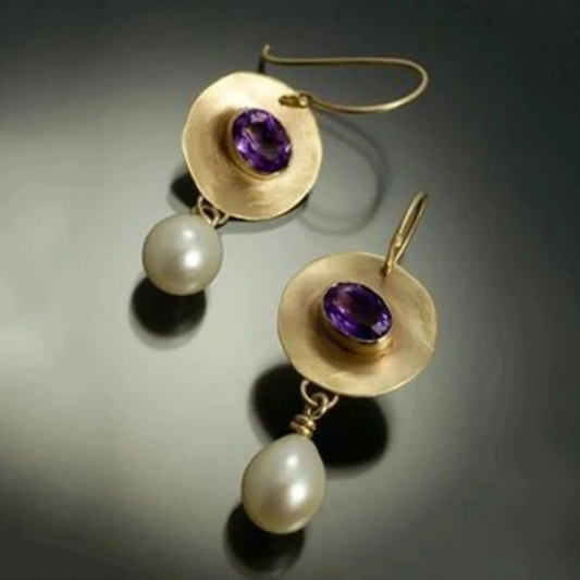 Boucles d'oreilles Vintage en Zirconia Doré Violet avec Perles
